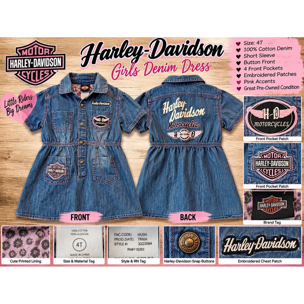 Harley-Davidson Girls Denim Dress 4T Blue Pink Embroidered Patches 3223084